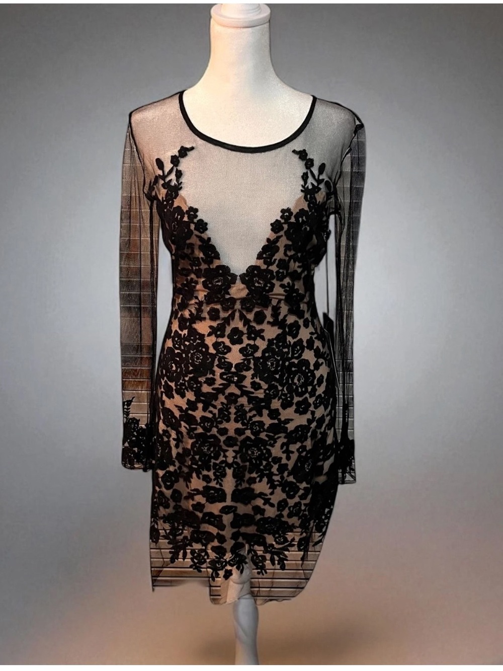 For Love And Lemons Black Sheer Floral Appliqué Midi Dress
